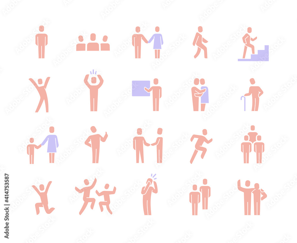 Set with human figures. Person walking, running, jumping. People shaking hands, climbing stairs, elderly, company leader, friends hugs, mother and child. Flat colored human signs isolated on white Set with human figures. Person walking, running, jumping. People shaking hands, climbing stairs, elderly, company leader, friends hugs, mother and child. Flat colored human signs isolated on white