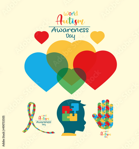 world autism awareness day hearts ribbon child head and hand puzzles