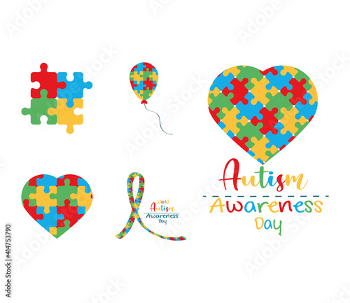 set autism awareness day icon set puzzles shaped heart ribbon balloon