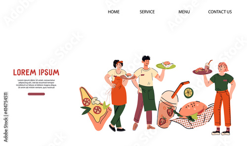 Website banner for restaurant or online food app with kitchen and service staff, cartoon vector illustration. Landing page template with restaurant kitchen workers and hosting staff.