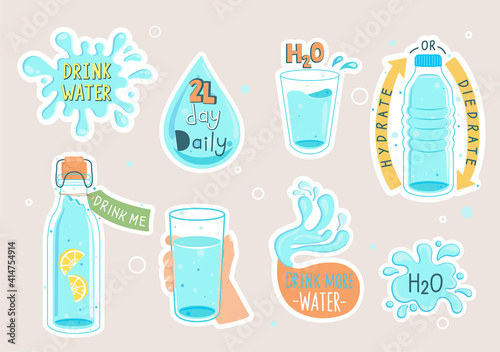 Water set, collection of stickers, icons.Drink more, hydrate or diedrate. Full bottle and glass, splash and water drop with text. Hand drawn cute vector illustartion. H2O for health.