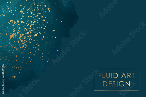 Modern abstract luxury background design or card template for birthday greeting or wallpaper or poster with dark green watercolor stain or fluid art orl ink with golden splashes.