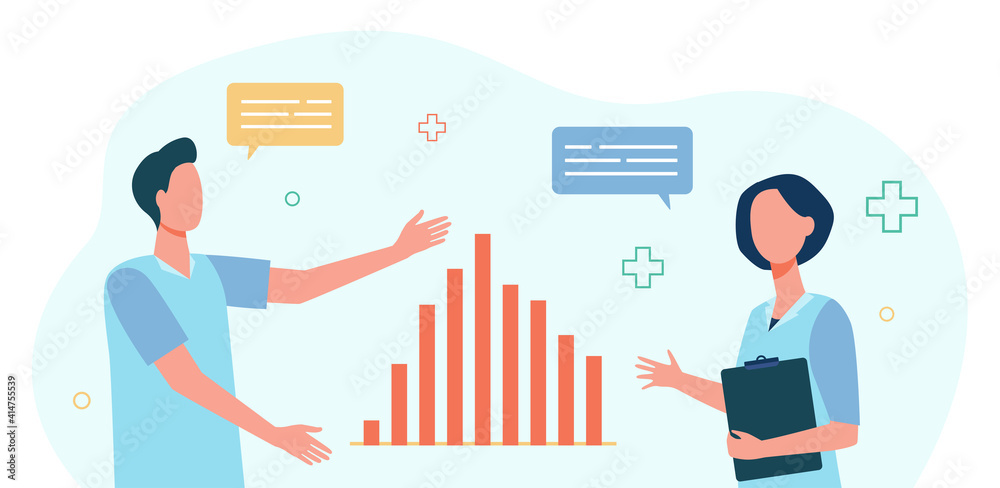 Two analysts discussing graph decrease. Data, speech bubble, colleague flat vector illustration. Statistics and marketing concept for banner, website design or landing web page