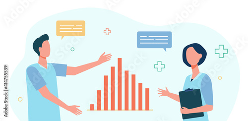 Two analysts discussing graph decrease. Data, speech bubble, colleague flat vector illustration. Statistics and marketing concept for banner, website design or landing web page