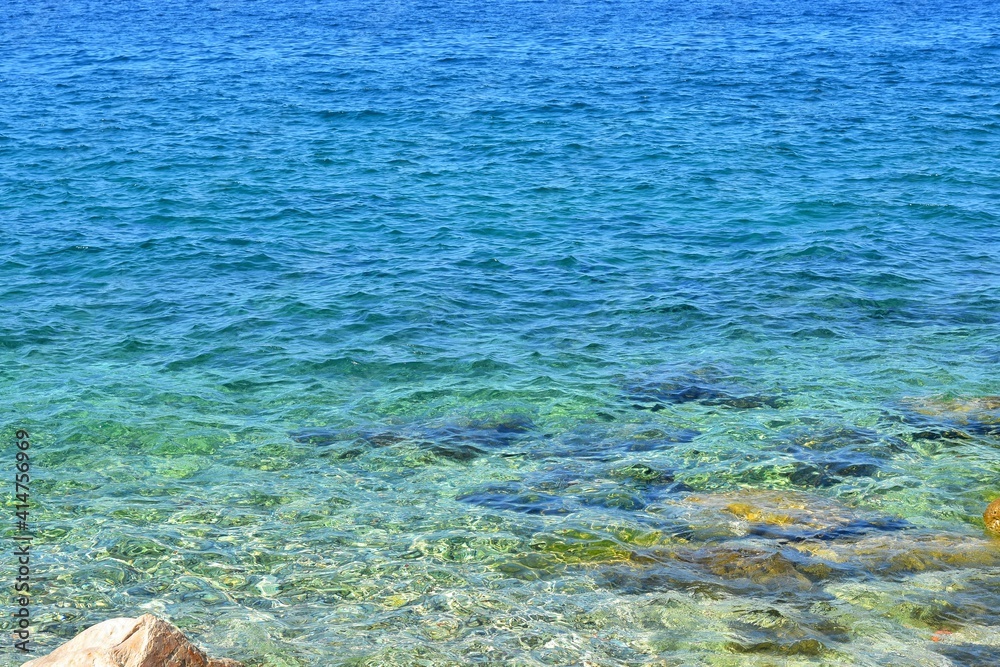 Obraz premium Amazing turquoise lagoon on the Adriatic sea near Rovinj old town,Istria region, Croatia, Europe. Emerald green and blue colors of Adriatic sea. Crystal clear water