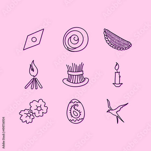 Novruz holiday is one of the most important and favorite holidays of the Azerbaijani people. Novruz is celebrated in March. Hand drawn vector icon set of Novruz attributes.