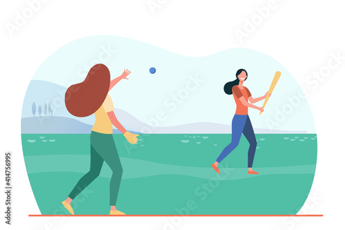 Two women playing baseball on nature. Fun  bat  ball flat vector illustration. Game activity and leisure concept for banner  website design or landing web page