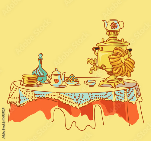 The tea party. Image of a samovar on a lace tablecloth.