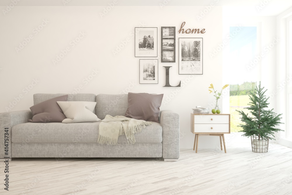 Fototapeta premium White living room with sofa. Scandinavian interior design. 3D illustration