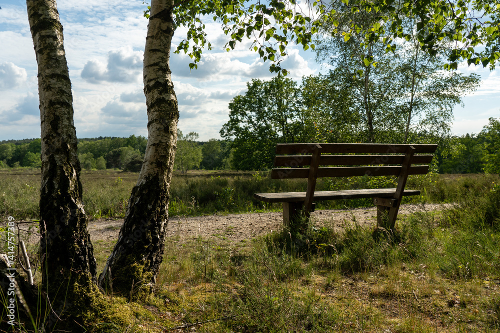 old wooden bench in the hillside landscape in the nature preservation area of the lueneburger heide old wooden bench in the hillside landscape in the nature preservation area of the lueneburger heide