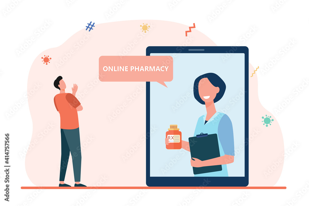 Tiny man consulting on medical drugs online. Tablet, prescription, doctor flat vector illustration. Online pharmacy and medicine concept for banner, website design or landing web page Tiny man consulting on medical drugs online. Tablet, prescription, doctor flat vector illustration. Online pharmacy and medicine concept for banner, website design or landing web page