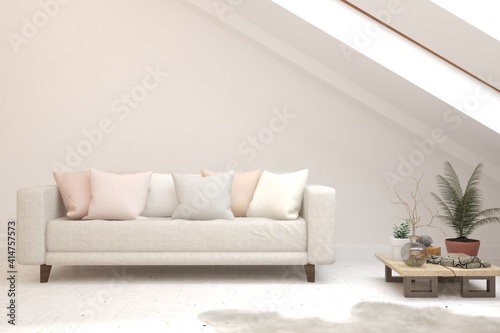 White living room with sofa. Scandinavian interior design. 3D illustration