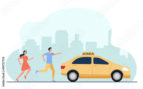 Fototapeta Naklejka Na Ścianę i Meble -  Man and woman running after taxi in hurry. Car, city, vehicle flat vector illustration. Transportation and urban lifestyle concept for banner, website design or landing web page
