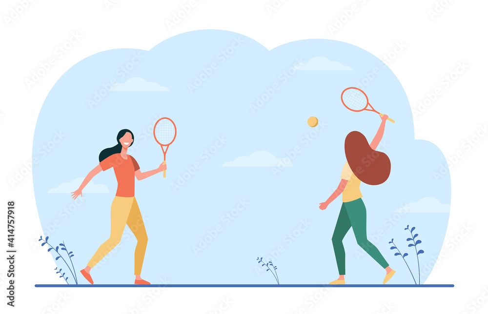 Happy women playing in badminton outdoors. Friend, racket, shuttlecock flat vector illustration. Game activity and leisure concept for banner, website design or landing web page