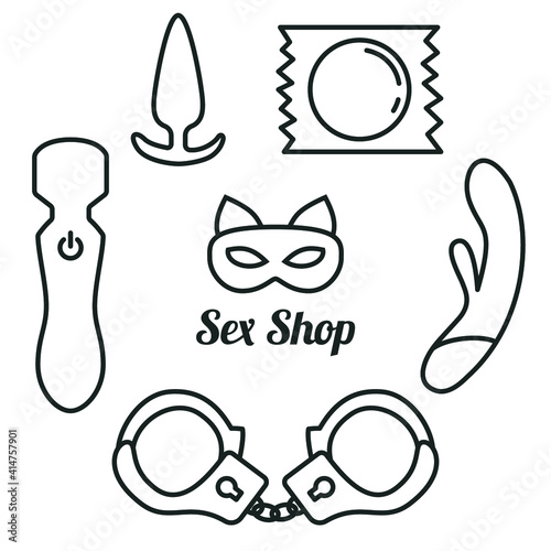 sex shop toys set, vector illustration, flat line, handcuffs, vibrator, condom, plug, mask

