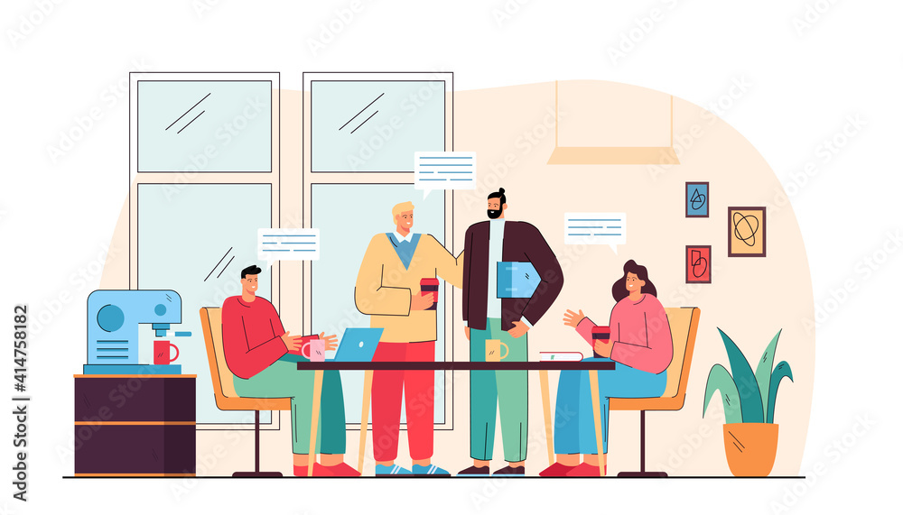 Happy coworkers talking on lunch in office kitchen isolated flat vector illustration. Cartoon company employees meeting at coffee break. Communication and teamwork concept