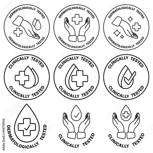 Dermatologically and clinically tested. Label with water drop, hand and cross. Medical tests icons. Clinically tested insignia stamp. Badges of hypoallergenic package label. Vector