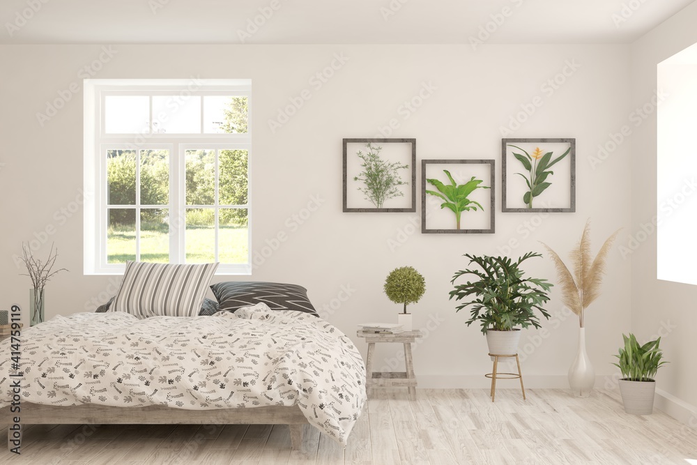 Fototapeta premium White bedroom interior. Scandinavian design. 3D illustration