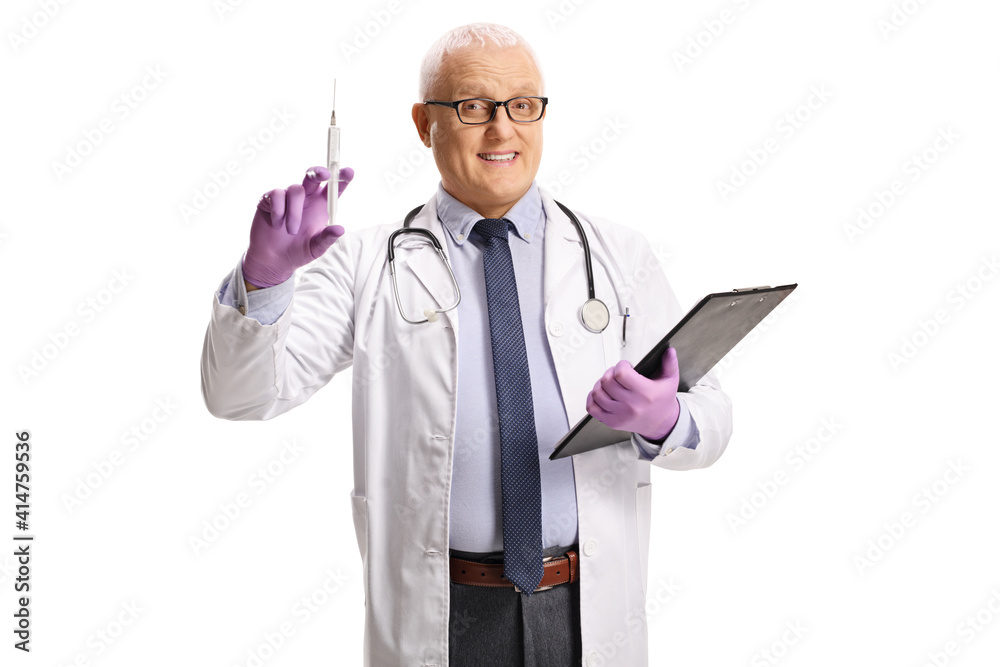 Mature male doctor showing a vaccine and holding a clipboard