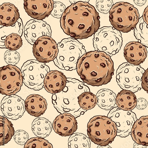 Seamless pattern with chocolate chip cookies. Repetitive background with breakfast biscuits and delicious cupcakes. 