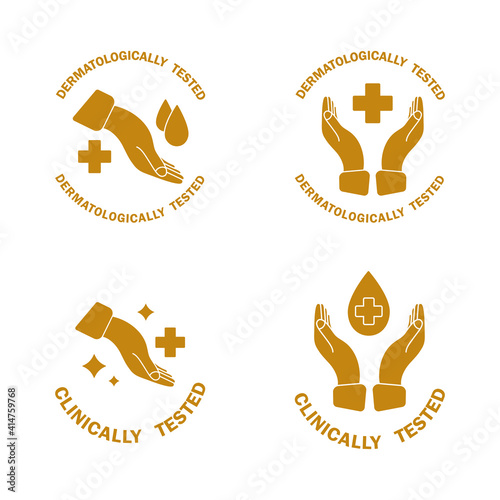 Dermatologically and clinically tested. Golden label with water drop, hand and cross. Medically approved stamp. Clinically tested insignia stamp. Badges of hypoallergenic package label. Vector