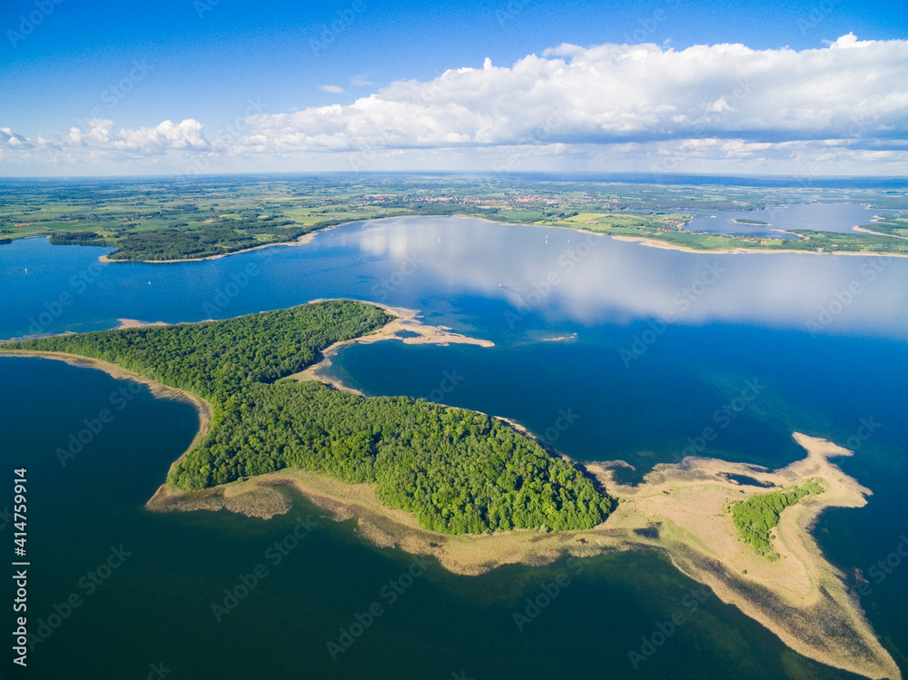 Aerial view of Mamry Lake and Upalty island - the biggest Masurian island, Mazury, Poland