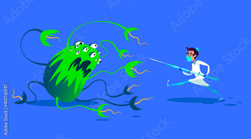 Doctor with syringe fight against virus cartoon character.