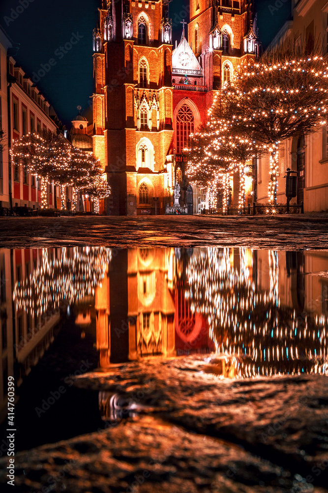 Christmas beautiful street of wroclaw with glowing trees in poland