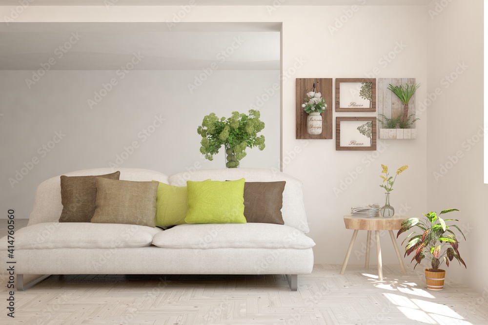 Obraz premium White living room with sofa. Scandinavian interior design. 3D illustration