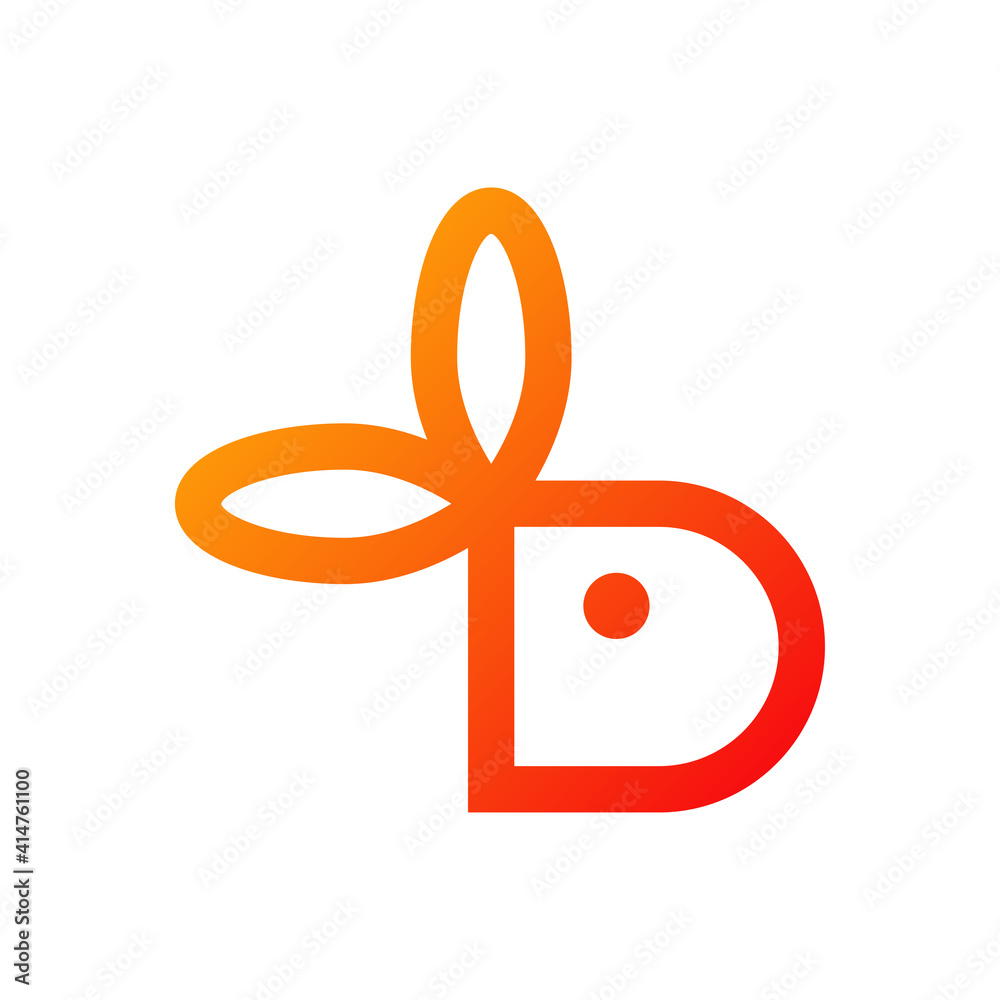 Logotipo con letra D con forma de conejo con lineas en color naranja