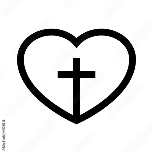 Amor cristiano. Logotipo con cruz en corazón con lineas en color negro