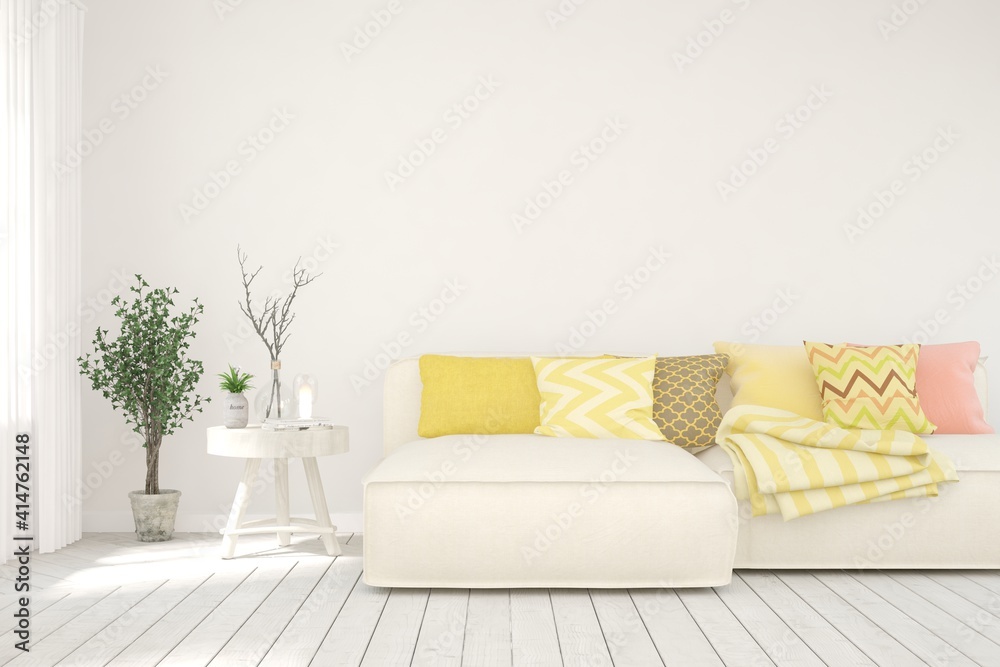 White living room with sofa. Scandinavian interior design. 3D illustration White living room with sofa. Scandinavian interior design. 3D illustration