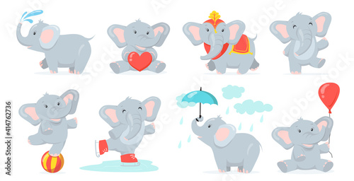 Cute baby elephant set. Funny cartoon animal character splashing water, holding red heart, skating, dancing on ball, walking in rain. Vector illustration for circus tricks, India concept
