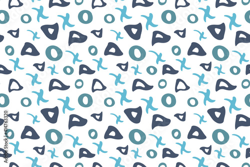 Doodle geometric seamless pattern  hand drawn triangle  circle  cross shapes. Simple neutral background in blue palette  on white. Vector