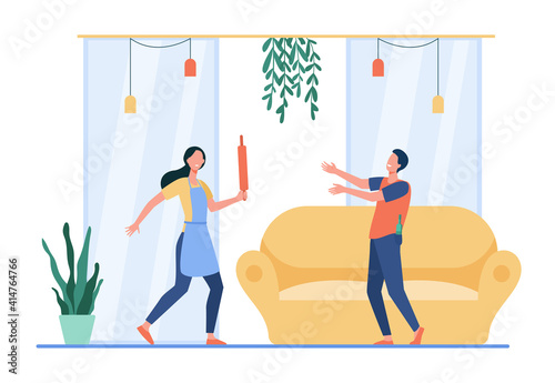 Woman with rolling pin protecting from drunk man. Home, spouse, bottle flat vector illustration. Alcoholism and relationship concept for banner, website design or landing web page