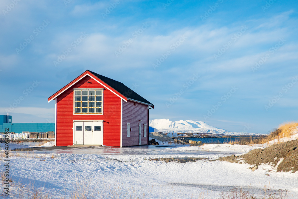 Red house  with sewage Treatment Plant,Brønnøysund,Helgeland,Nordland county,Norway,scandinavia,Europe