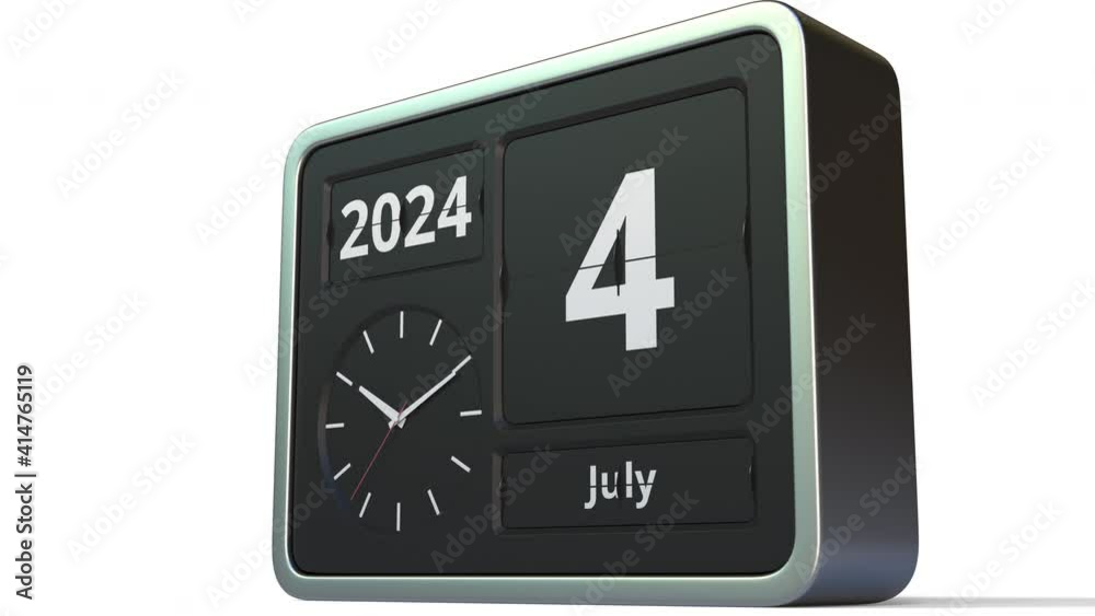 July 4, 2024 date on the flip clock calendar, 3d animation July 4, 2024 date on the flip clock calendar, 3d animation