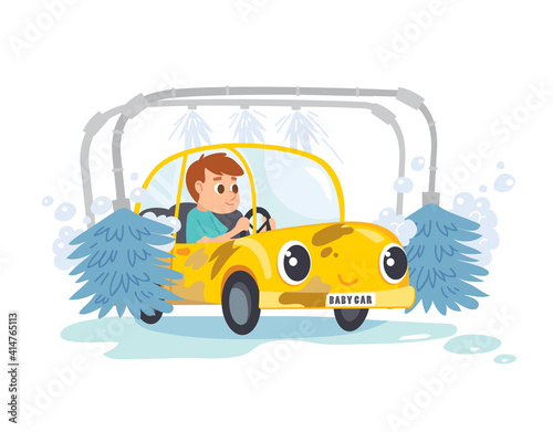Automatic car wash service station in action. Shower complex cleaning vehicle with high pressure water jet, wax,foam and soap. Washing of the car at the washing station. Washing service vector concept