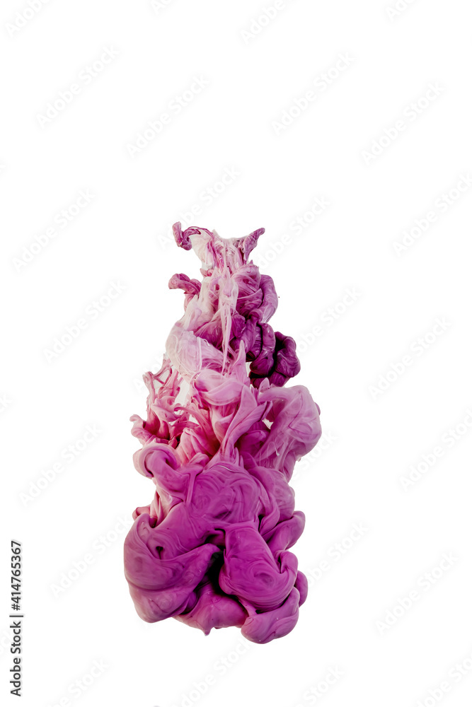 Obraz premium Ink dropped into the water and photographed while in motion. Paint swirling in water. Pink berry cloud and smoke of paint in water isolated on white background.