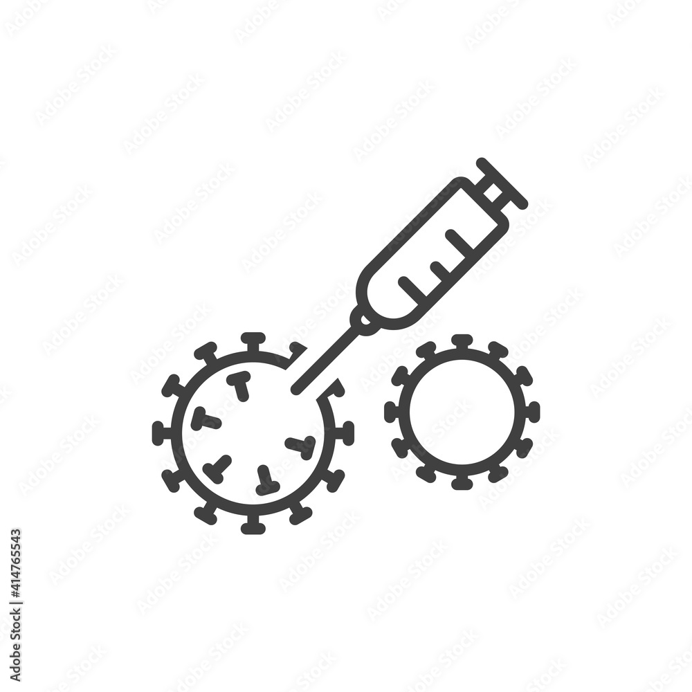 Icon injection into the virus by means of a syringe. Image viruses coronavirus syringe needle introduced into a bacterium. Isolated linear vector on a pure white background. Icon injection into the virus by means of a syringe. Image viruses coronavirus syringe needle introduced into a bacterium. Isolated linear vector on a pure white background.