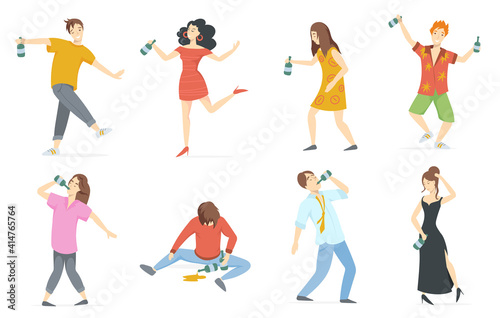 Happy drunk people flat set for web design. Cartoon drunken characters with wine bottles isolated on white background vector illustration collection. Alcohol drinks and emotions concept