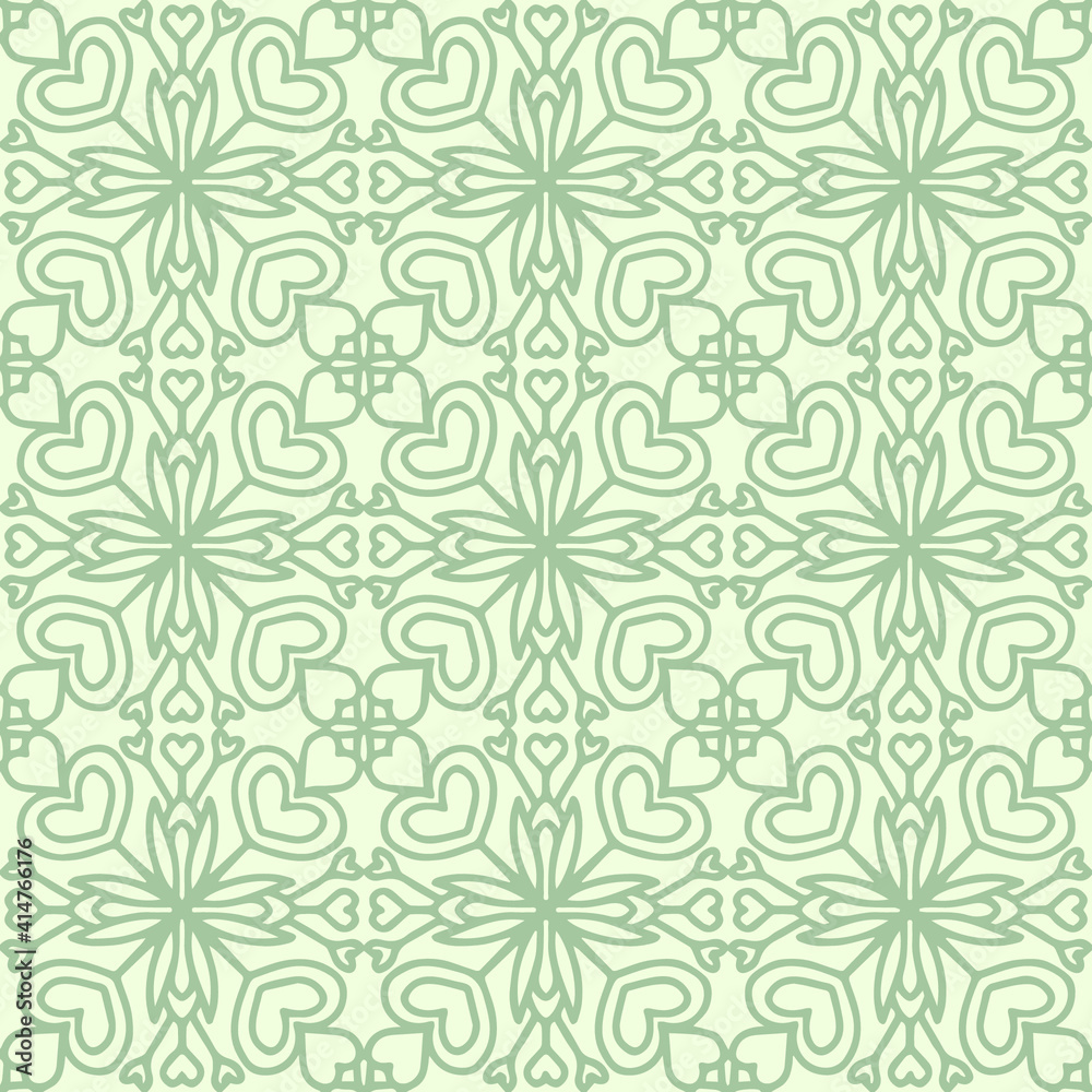 seamless pattern drawn with pastel green hearts and floral ornaments on a light green background, vector, mosaic