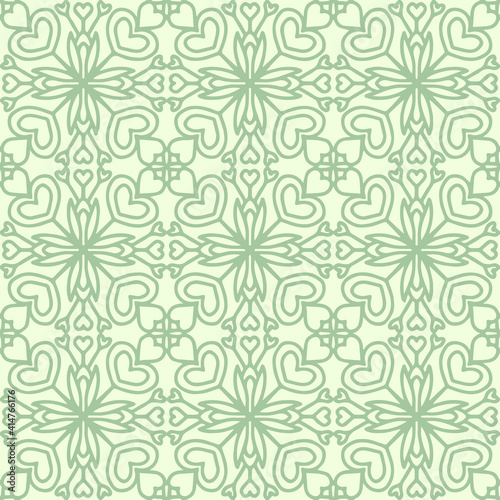 seamless pattern drawn with pastel green hearts and floral ornaments on a light green background, vector, mosaic