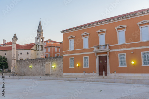 Sunrise view of Roman forum at Zeleni trg square in Zadar, Croatia photo