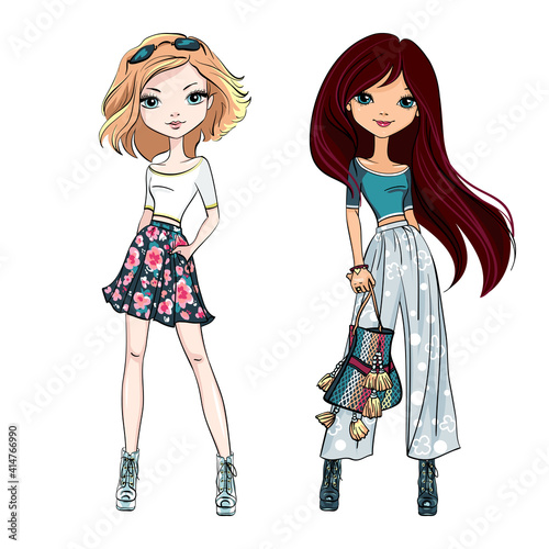 Vector beautiful fashion girls in summer clothes