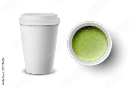 Vector 3d Realistic Paper White Disposable Cup with Lid Set Isolated on White Background. Green Milk Foam Matcha. Stock Vector Illustration. Design Template. Top and Front View