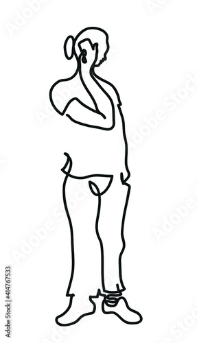 One line drawing of modern woman talking on mobile phone. One continuous line drawing of female speaking by smartphone.