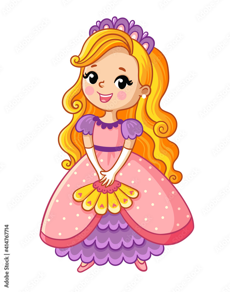 Princess in a beautiful dress and with a fan in her hand stands on a white background and smiles. Vector illustration. Princess in a beautiful dress and with a fan in her hand stands on a white background and smiles. Vector illustration.