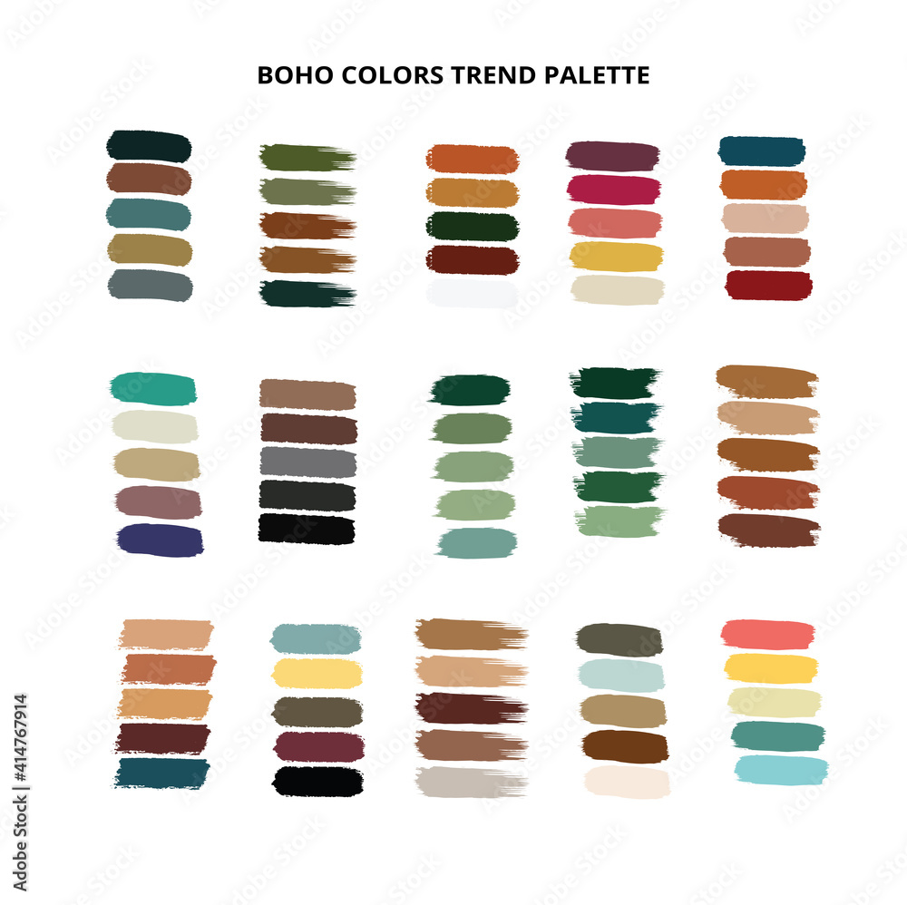 Move Color Boho 2021 Boho color trends palette on brush strokes. Vector stok ...