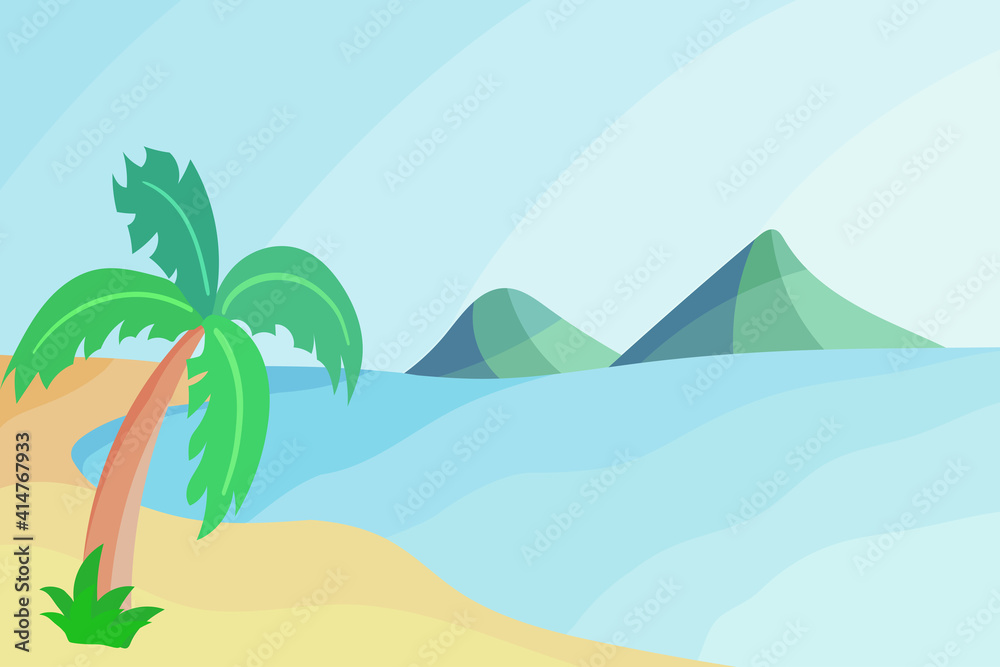 Beautiful Maldives Island with beach, sea, palm, mountains and blue sky for nature vacation background. Luxury tropical holiday concept. Tropical beach with yellow sand peaceful vector illustration.